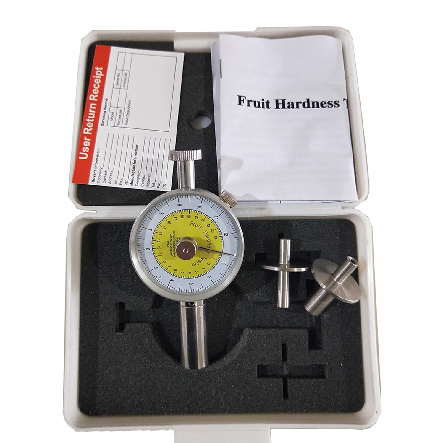 Fruit Hardness Meter Pointer Type Fruit Hardness Tester with Pressure Head Size Φ11mm Φ8mm Indication Scale 0.5-12kg/cm2 (×105Pa)(Φ11mm) 0.5-24kg/cm2 (×105Pa) (Φ8mm) Precision ±0.1