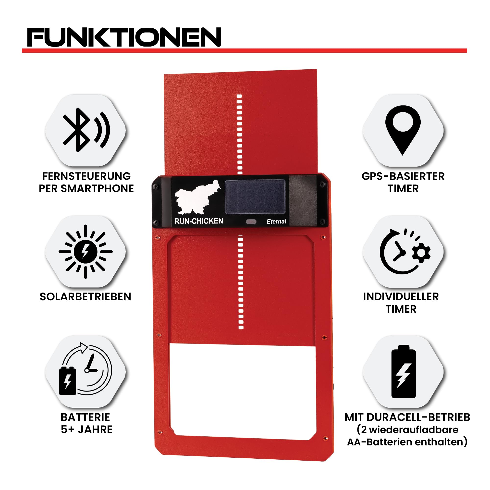 Solar Hühnerstalltür, batteriebetriebene automatische Hühnertür mit Timer und Lichtsensor, programmierbar, rot