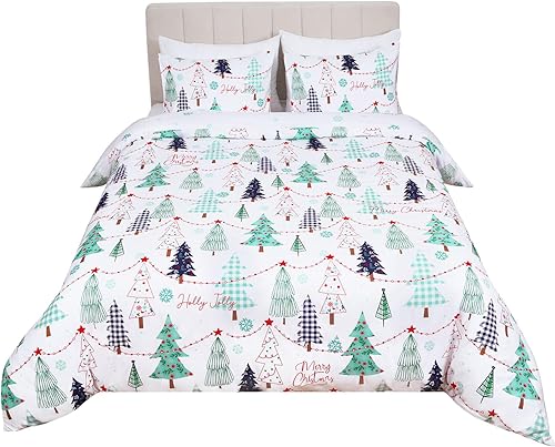 Miniatura 8 de Juego de edredón reversible de Navidad de 3 piezas, tamaño Queen, diseño de árbol de Navidad, colcha ligera con copos de nieve para invierno y