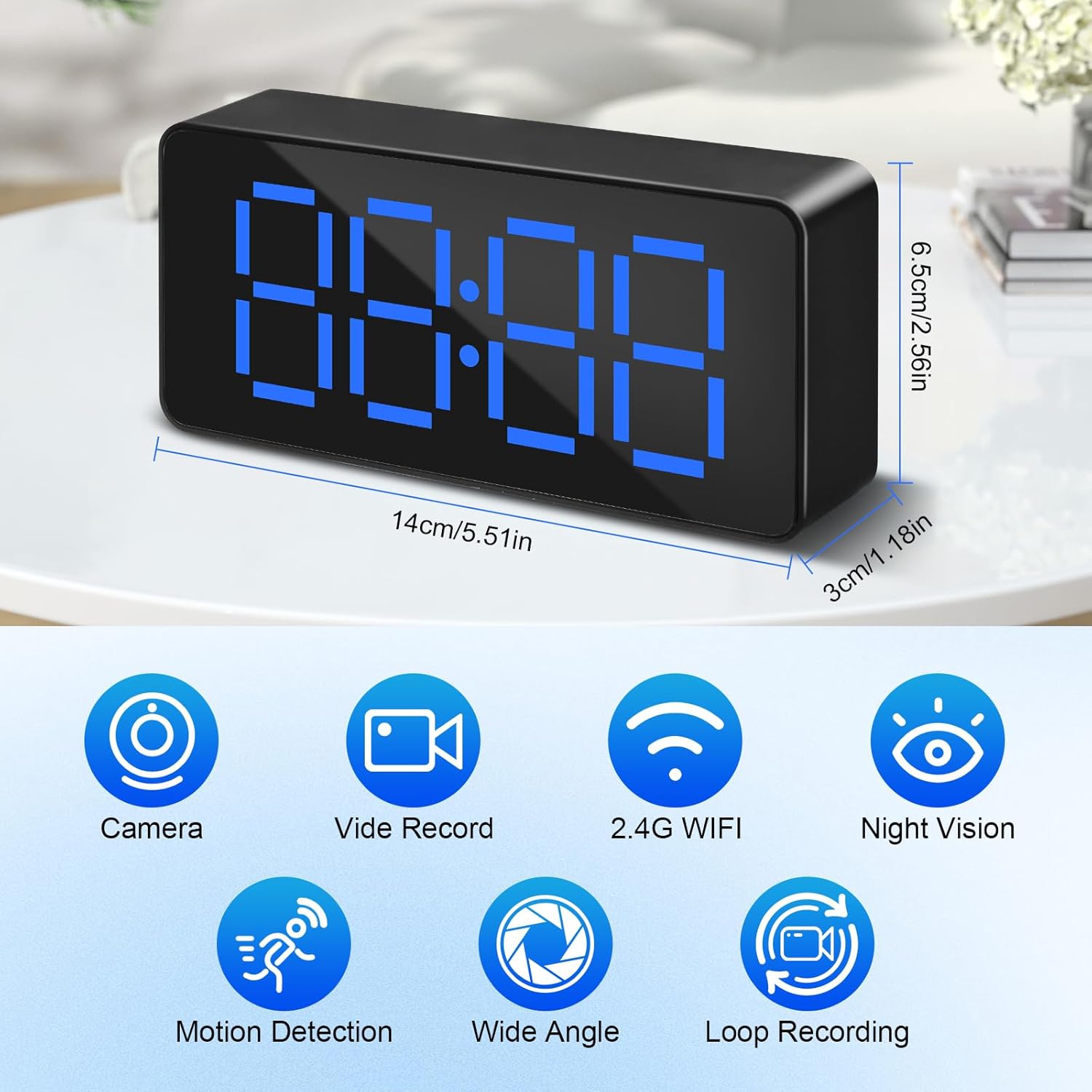 Mini Nanny Cam Camera Clock with WiFi - 1080P Digital Alarm Clock for Home and Office Use, 2.4G WiFi, Night Vision, Loop Recording, Wide Angle, Blue LED Display, Black
