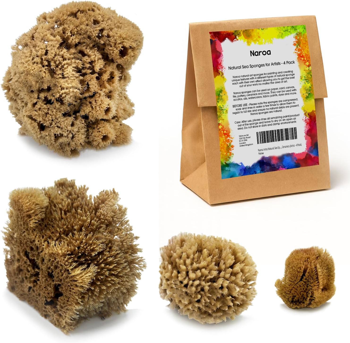 Naroa Artist Natural Sea Sponges for Painting 4 Pack | Unique Tool Set Unbleached | Great for Artists & Children | Acrylic, Watercolor, Marbling, Texturing, Pottery, Ceramics