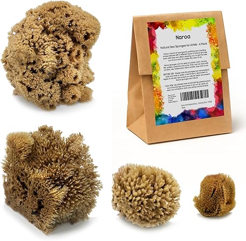Naroa Paquete de 4 esponjas de mar naturales para pintar, juego de herramientas único sin blanquear, ideal para artistas y niños, acrílico,