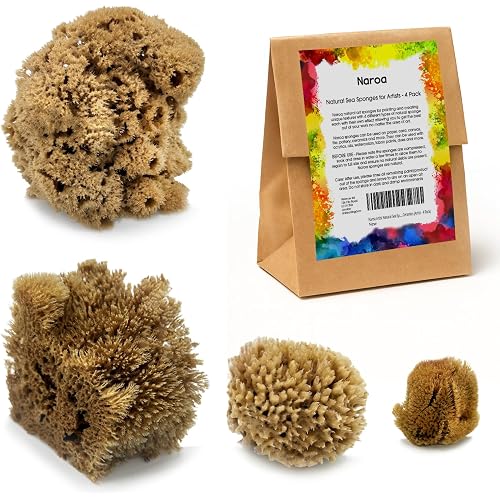 Naroa Artist Natural Sea Sponges for Painting 4 Pack | Unique Tool Set Unbleached | Great for Artists & Children | Acrylic, Watercolor, Marbling, Texturing, Pottery, Ceramics