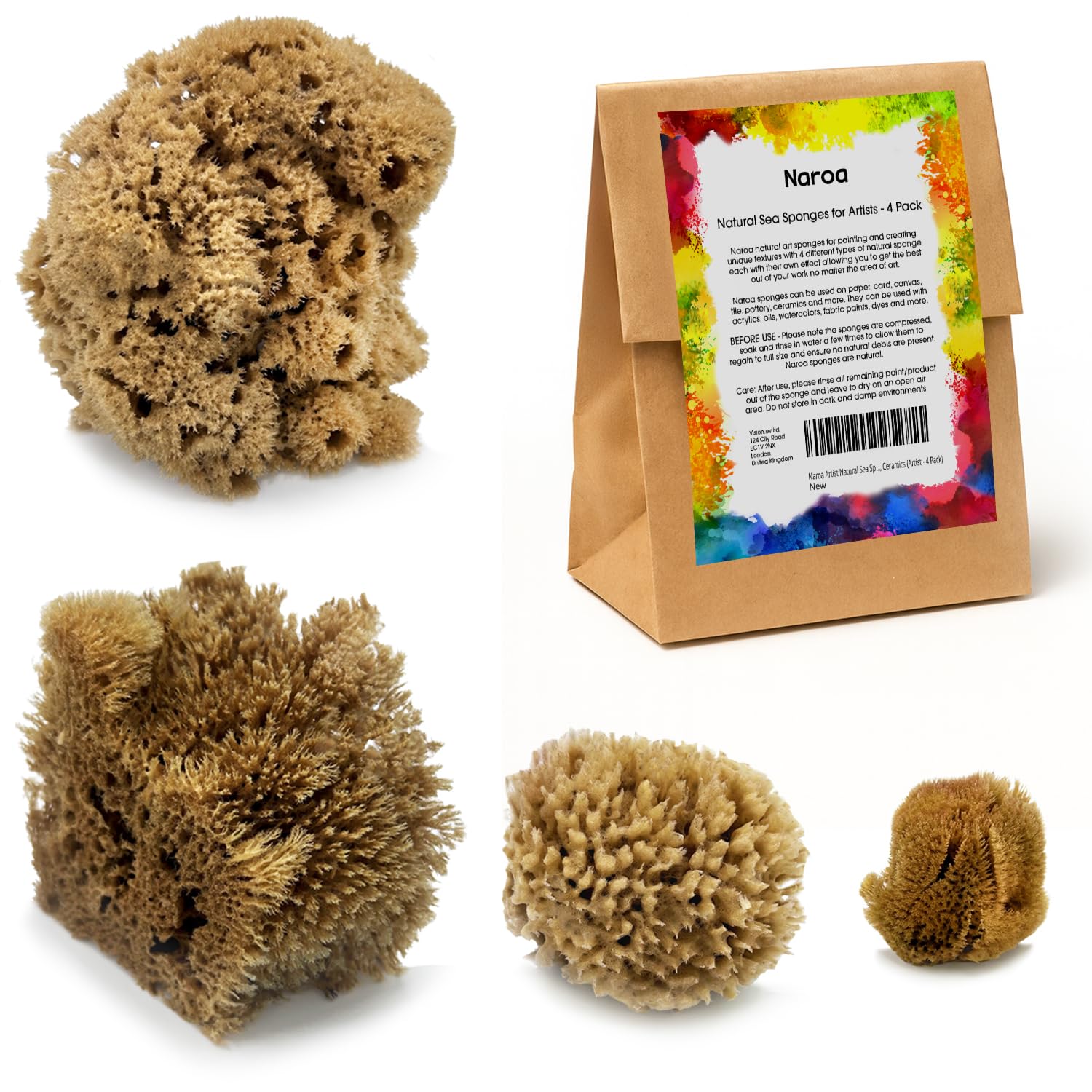 Naroa Artist Natural Sea Sponges for Painting | Unique Sponges Set Unbleached | Great for Artists & Children | Acrylic, Watercolor, Marbling, Texturing, Pottery, Ceramics (Artist - 4 Pack)
