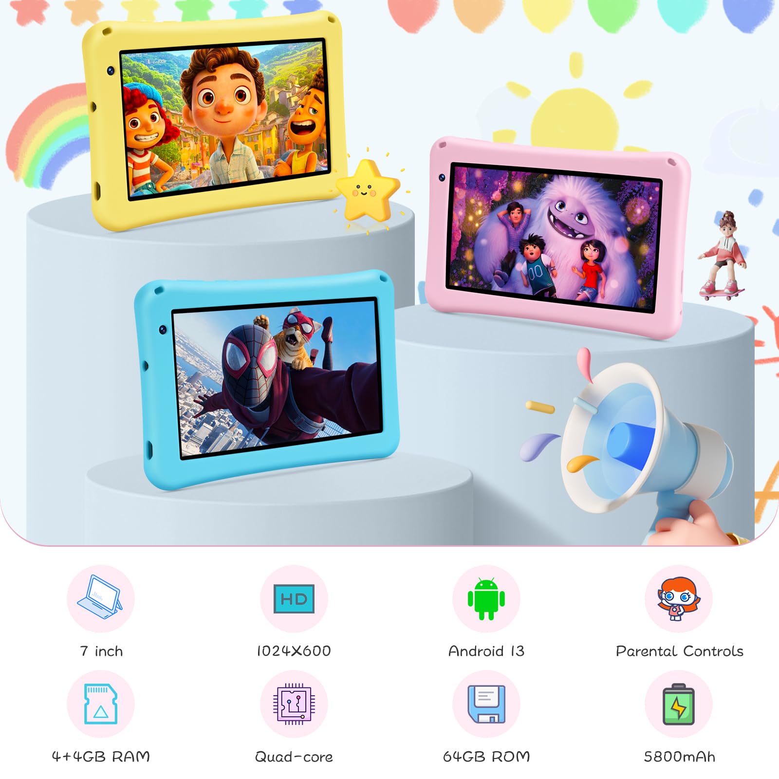 Tablet bambini 7 pollici, tablet Android 13, Octa-Core, 8GB+64GB (256 espandibili), 5800mAh Batteria, 5MP+8MP Fotocamera, Software per bambini precaricato, tablet con custodia (blu)