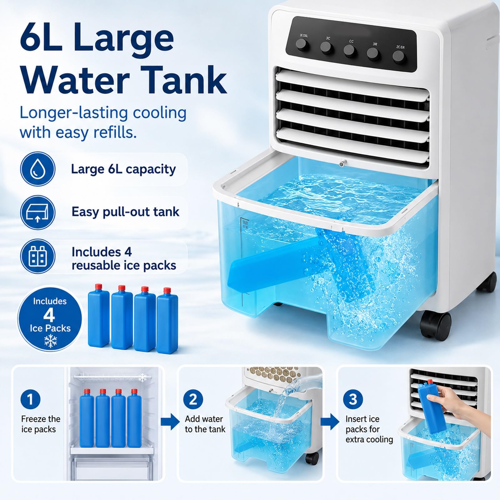 Raffrescatore Evaporativo, Ventilatore di Raffreddamento Portatile con Serbatoio dell'Acqua Rimovibile da 6L, Raffrescatore d'Aria Compatto per Soggiorno, Ufficio, Camera da Letto