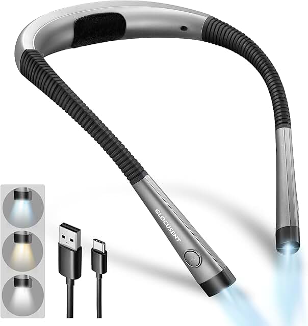 Glocusent LED Neck Reading Light, Book Light for Reading in Bed, 3 Colors, 6 Brightness Levels, Bendable Arms, Rechargeabl...