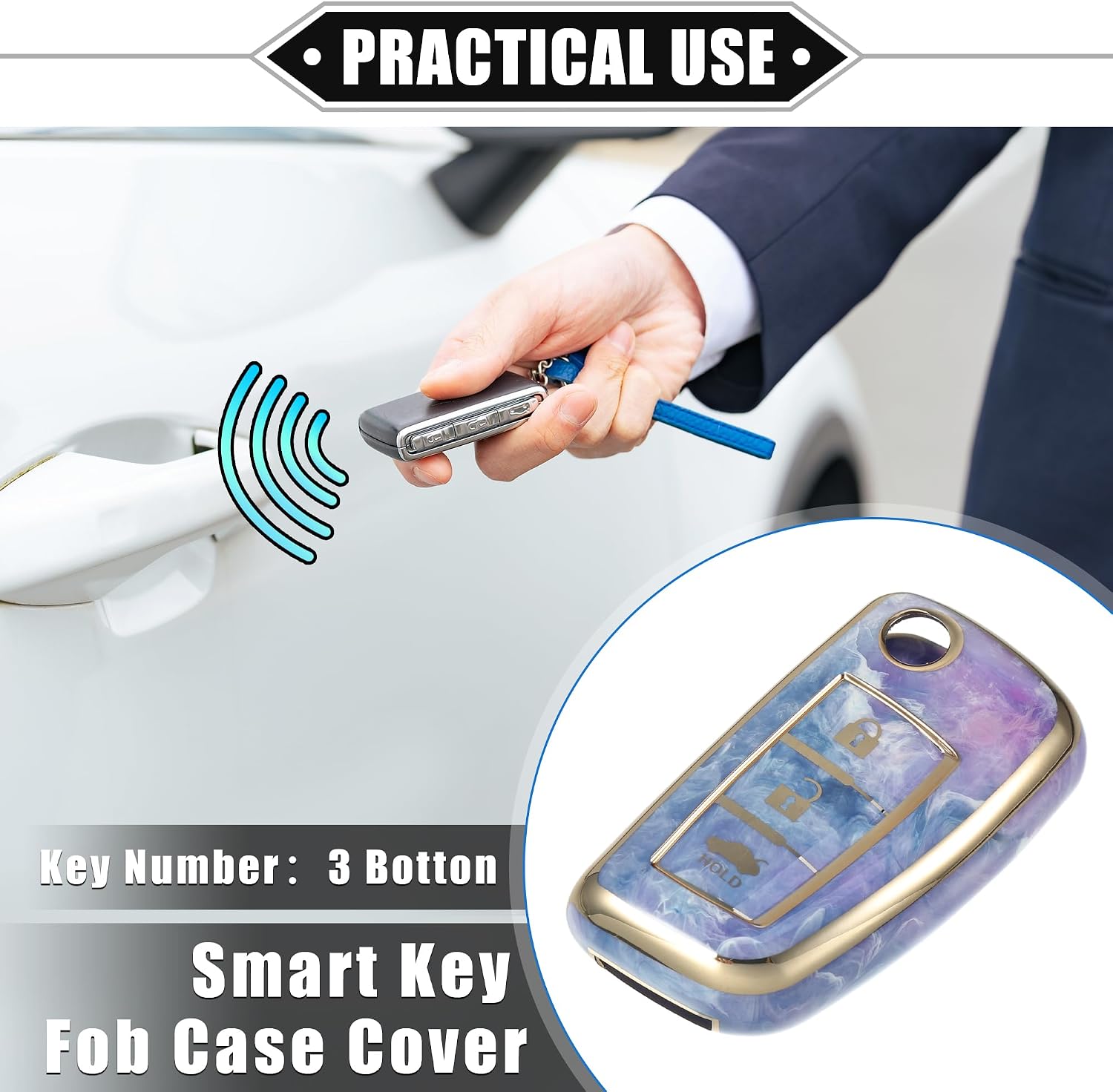 Smart Key Fob Case Cover Compatible for Nissan Rogue Frontier, Durable TPU Purple 3 Button Porcelain Pattern Remote Key Fob Case Protection Shell image 2