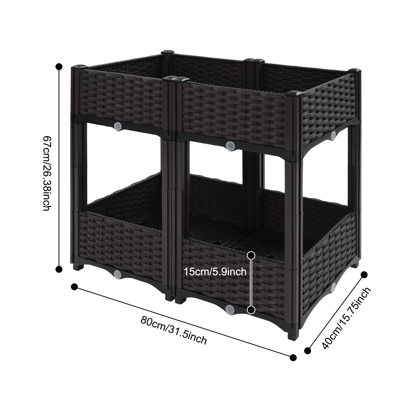 Vaso da fiori effetto rattan, 2 ripiani, 4 scatole, per esterni, rettangolare, profondità interna 15 cm, per giardini, balconi, terrazze, 80 x 40 x 67 cm