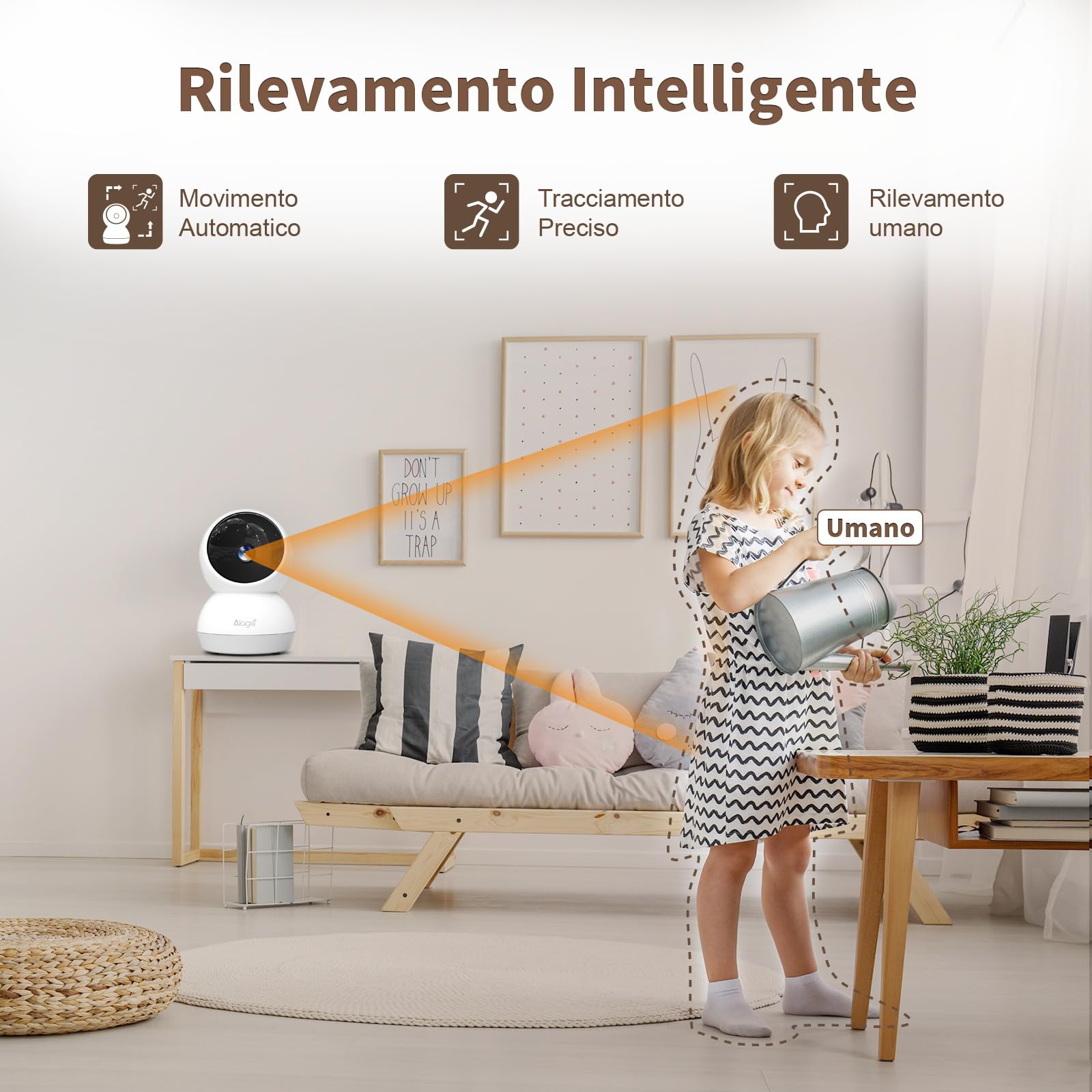 Alaga Telecamera di Sicurezza Interna 2K, Rilevamento AI di Persone e Animali, Wi-Fi 2.4/5 GHz, Rotazione 360°, Visione Notturna, Audio Bidirezionale, Compatibile con Alexa & Google (3 Mesi Cloud)