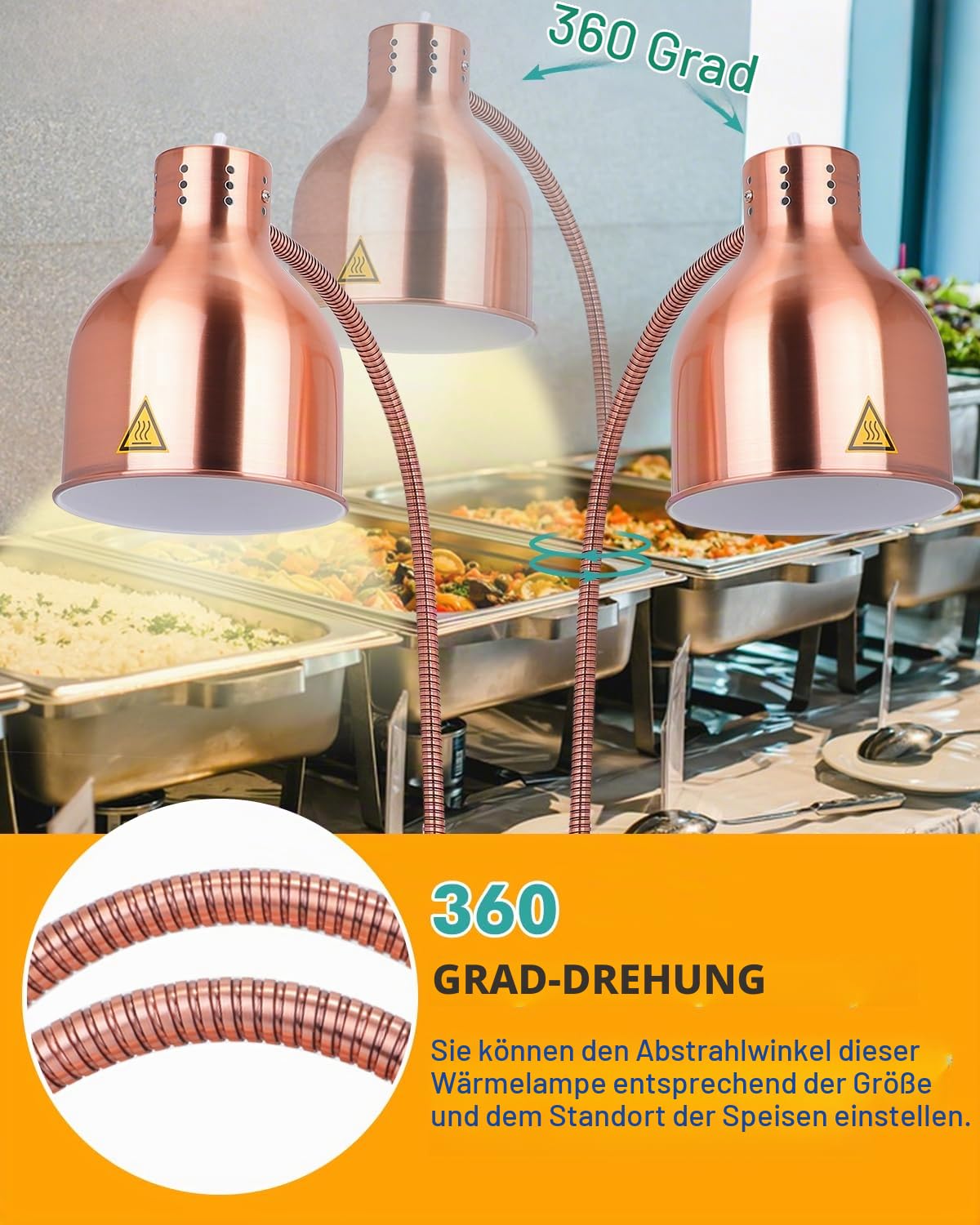 YJINGRUI Zweiflammige Wärmelampe Küche 500W, 70cm Verstellbarer Flexarm