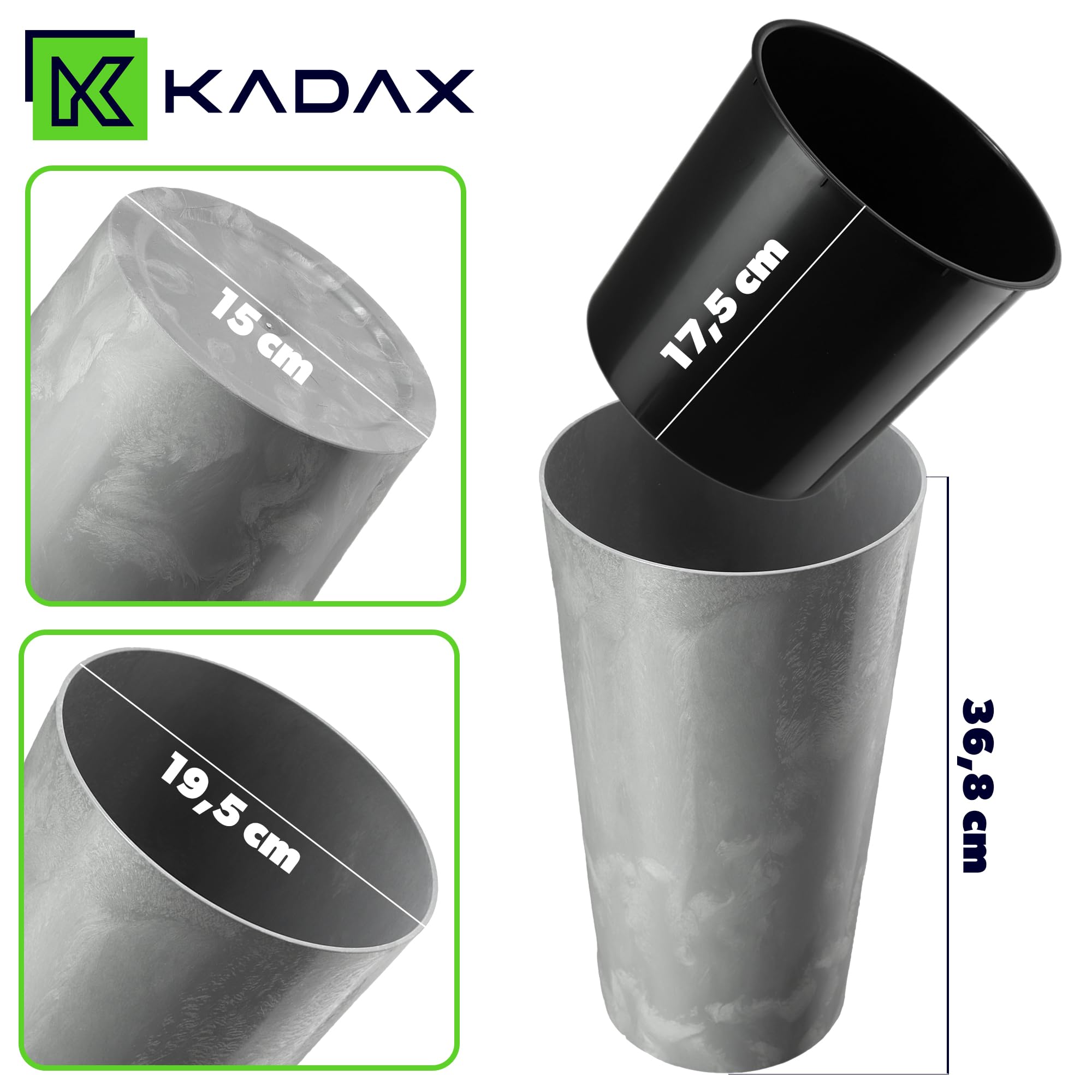 KADAX 3er Set Blumentopf mit Holzspänen, eleganter Übertopf mit herausnehmbarer Einlage, Blumentopfschutz für Büro, Blumenkübel, Topf, Gartenschale (Grauer Beton)