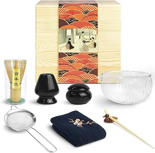 Artcome Juego de té matcha japonés, cuenco de vidrio con boquilla para verter, batidor de bambú, soporte para batidor de cerámica, estuche de