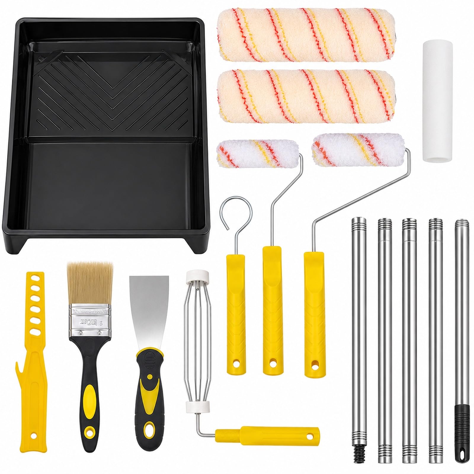 GOOGO 17 Pcs Paint Roller Set, Paint Rollers & Tray Set with 170 cm Extension Pole, Wall Painting Kit with Brush, Scraper, Large and Mini Rollers for Walls, Ceilings, Doors and DIY Repairs