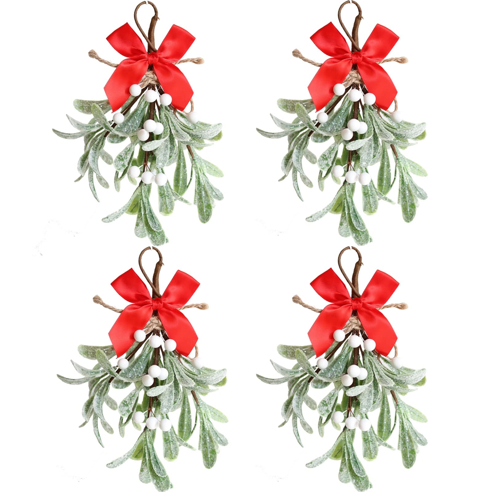 Künstliche Mistelzweig-Picker mit roter Schleife, Weihnachten, Heimparty, hängende Dekoration (weiß)