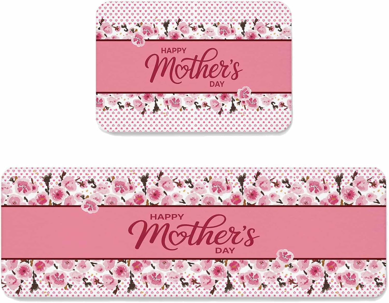 Happy Mother's Day Kitchen Mat Set 2 Pieces Pink Theme Flowers Plant Love Polka Dot Non Slip Kitchen Rugs Washable Runner Rug Mats for Kitchen Sink Laundry Office (19.7" x 31.5"+19.7" x 47.2")
