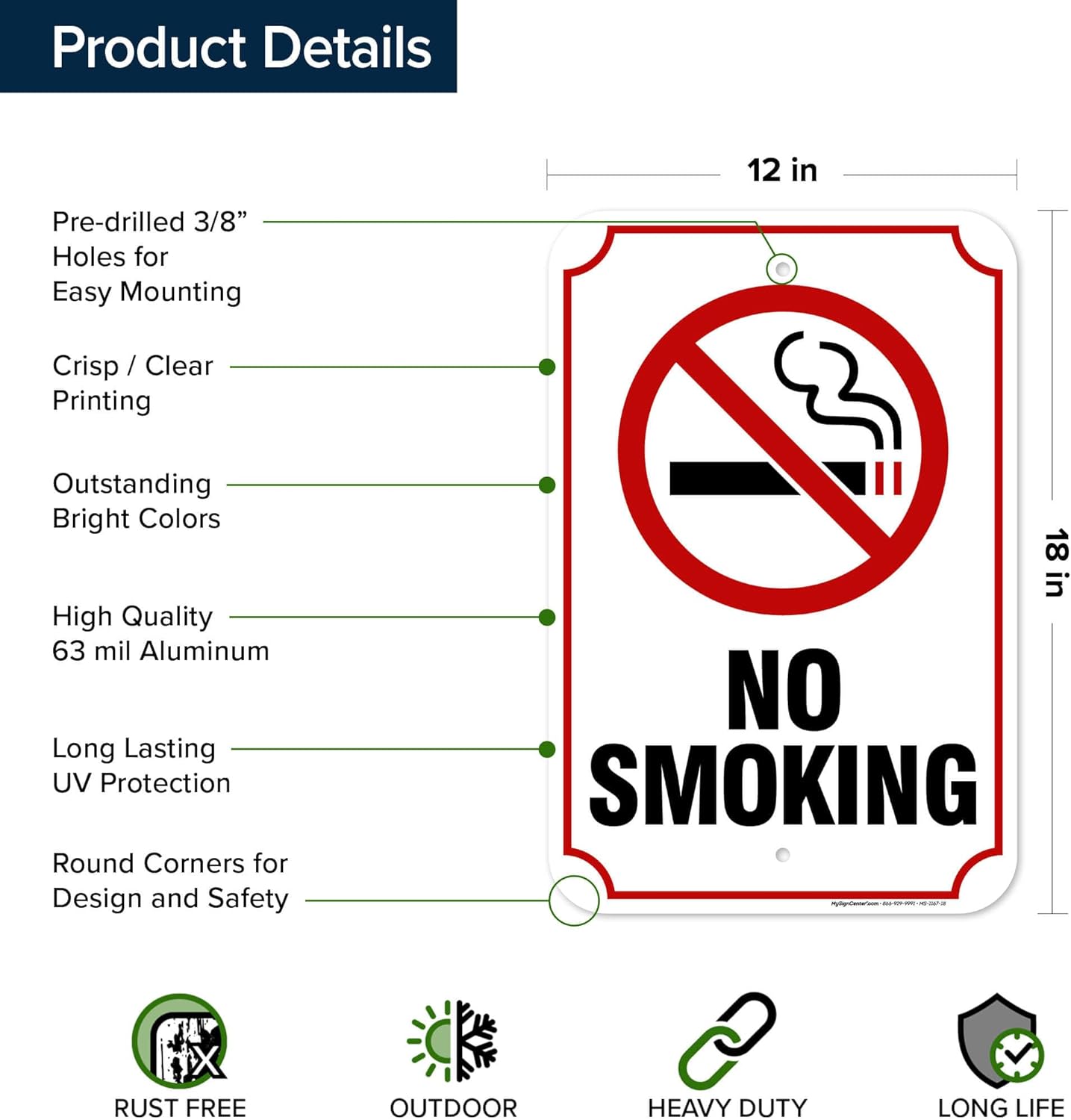 No Smoking Sign, 12"x18" Aluminum, Fade Resistance, Indoor/Outdoor Use, USA MADE By My Sign Center
