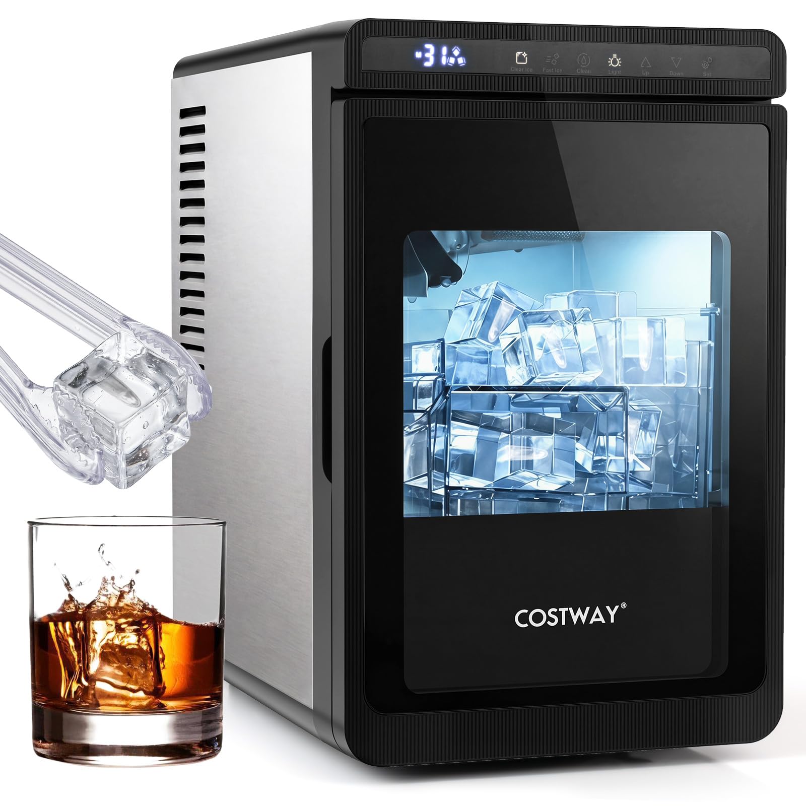 COSTWAY Máquina de Hielo de Sobremesa, 9,7 kg/Día, 3 Cubitos en 20 Minutos | Cubos Extragrandes 4 cm, Maquina de Hacer Hielo, Fusión Lenta y Autolimpieza, Grosor Ajustable para Whisky Cócteles Bourbon
