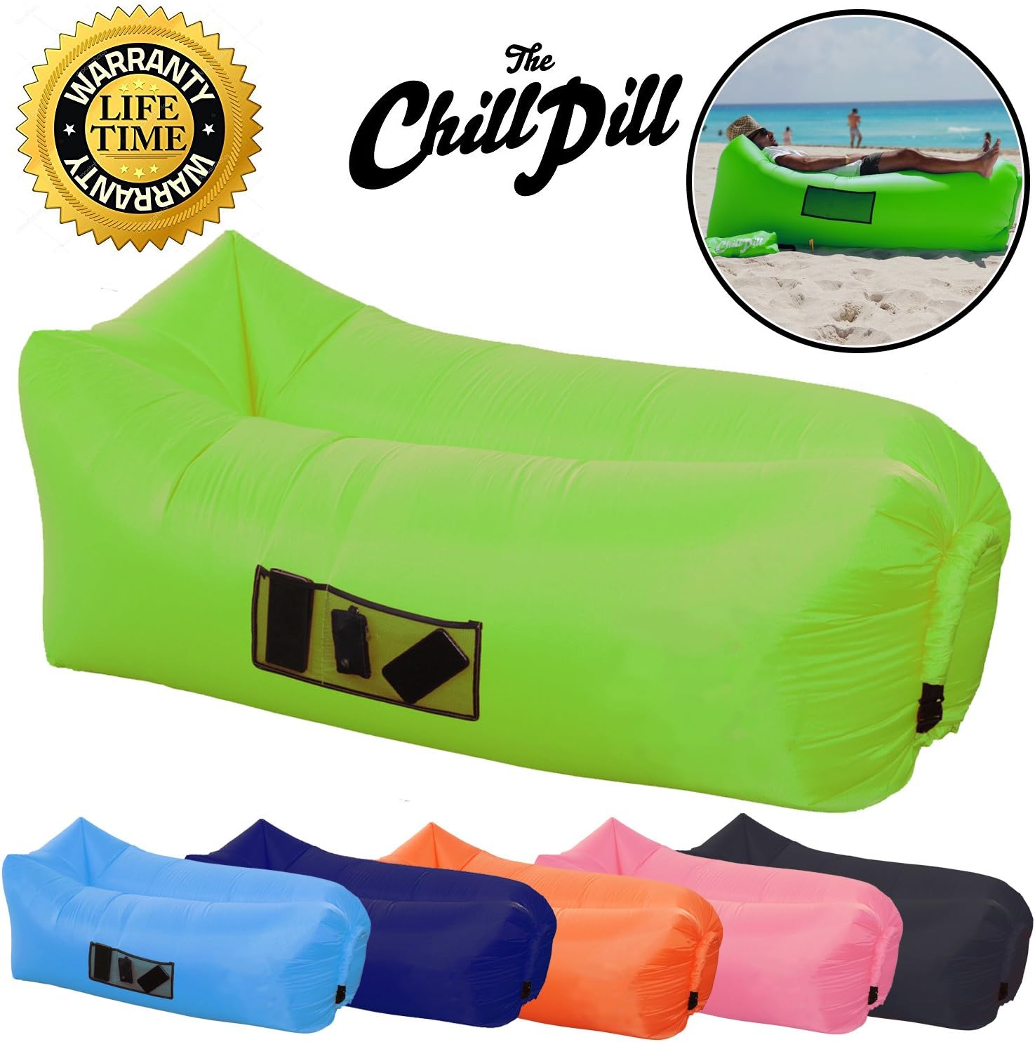 The Chill Pill Premium Inflatable Lounger Blow Up Sofa Air Bed With Pockets & Drinks Holder