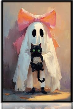 Cute Halloween Ghost Bathroom Wall Art Whimsical Wall Decor Pink Halloween Poster Painting with Big Pink Bow Spooky yet Sweet Canvas Print for girls room Home Bedroom Living Room Unframed