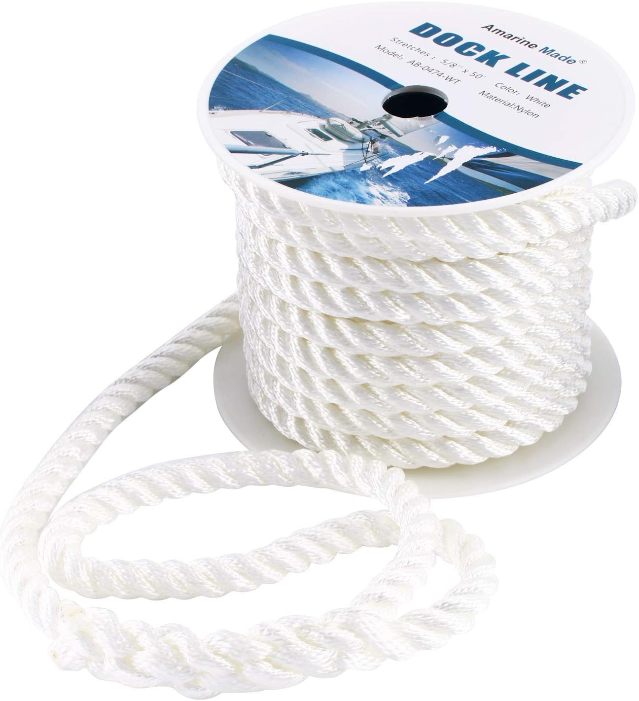 Amarine Made 5/8 inch 50 feet 3 Strand Twisted Nylon Rope Dockline Multipurpose Utility Line - Alkali and Weather Resistant - Crafts, Towing, Dock Line (White)