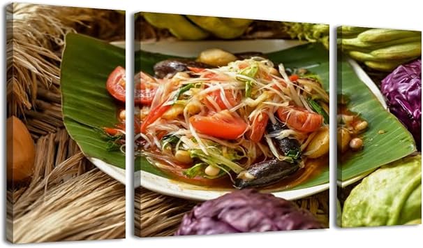 3 Panel Large Wall Art Prints Paintings Sticky rice papaya salad Som Tam som tum thai food isan food Thai isan Canvas Wall Art Living Room office Modern Home Wall Decor Framed Artwork Ready to Hang