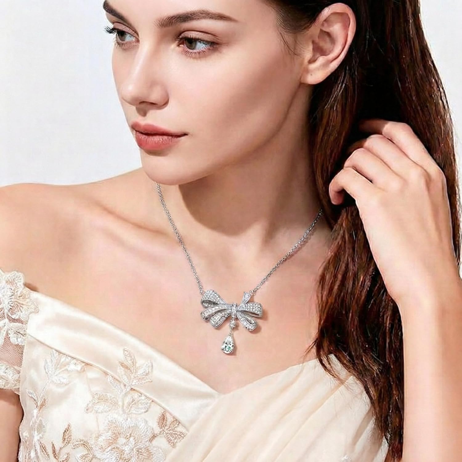 Moissanite Bow Necklace for Women D Color VVS1 Lab-Created Brilliance 925 Sterling Silver Ribbon Bowknot Pendant with Teardrop Dangle Romantic Sparkly Jewelry Gift for Anniversary Birthday 16"+2" - Image 5