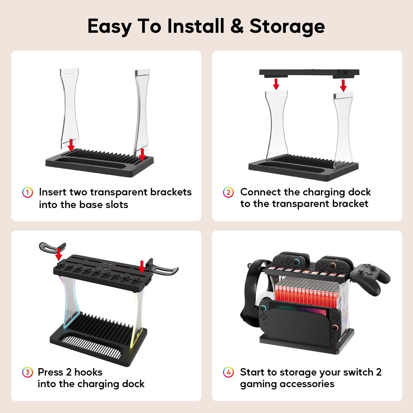 Switch 2 Storage Station, dock di ricarica per Joycon Switch2, organizer multifunzionale per Nintendo Switch 2 accessori con 16 dischi di gioco e 9 slot per carte da gioco, supporto per