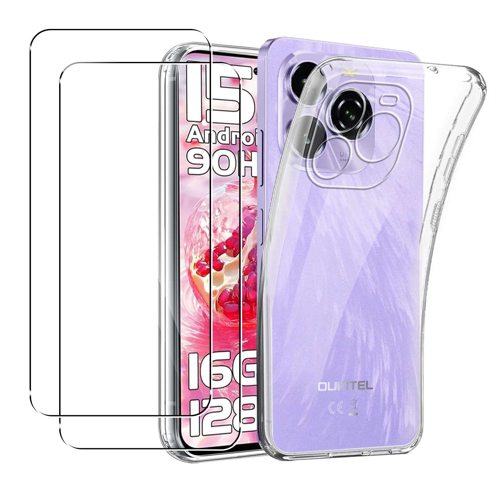 HuiYouMY Cover per Oukitel C65/Oukitel C65 Pro (6.7) con 2 Pezzi Pellicola Protettiva in Vetro Temperato, Trasparente Custodia Silicone Morbida TPU Ultra-Sottile AntiGraffio Antiurto Case - WM49