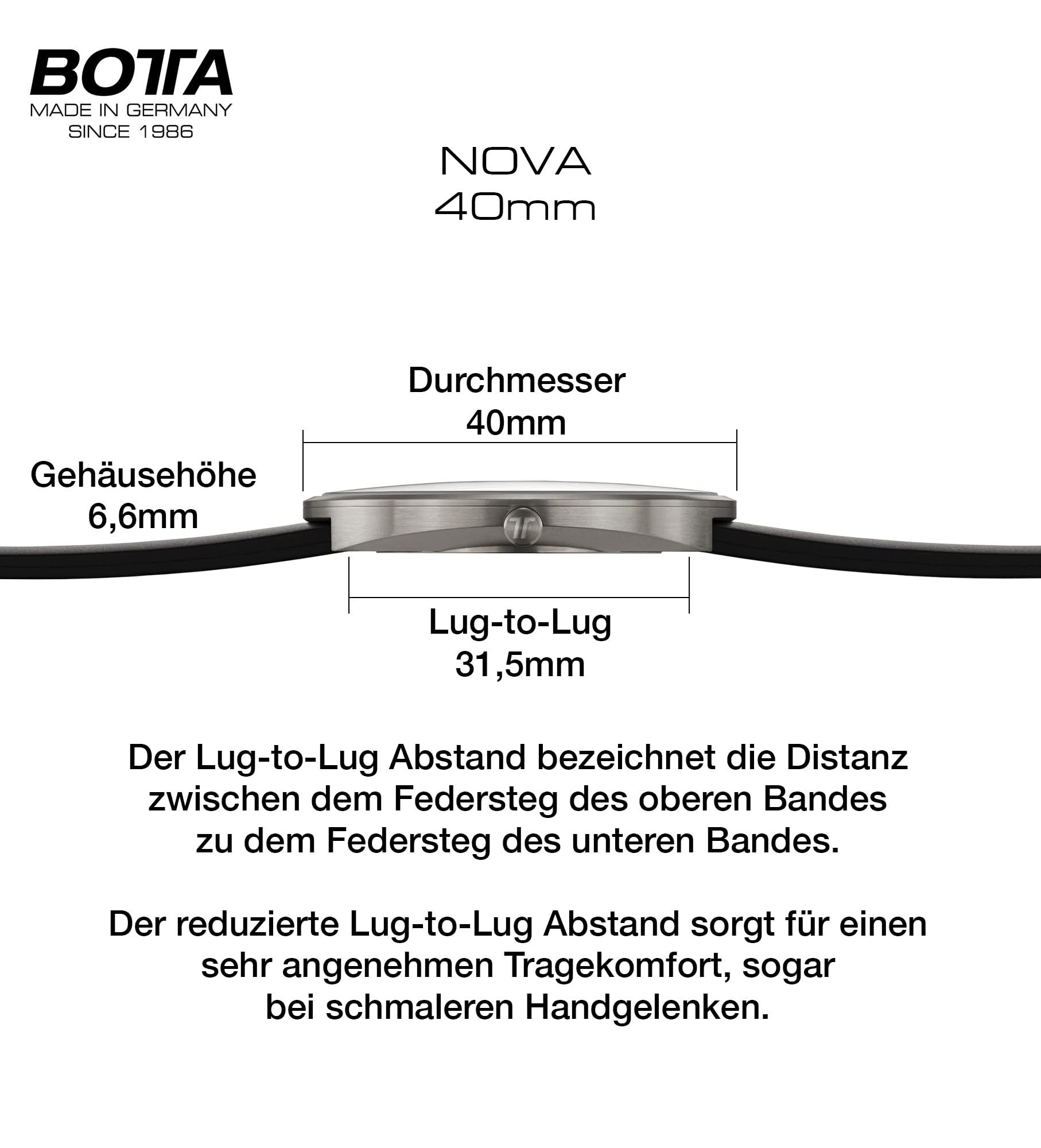botta Zegarek z jedną wskazówką męski szwajcarski mechanizm kwarcowy ze skórzaną bransoletką NOVA (40 mm)