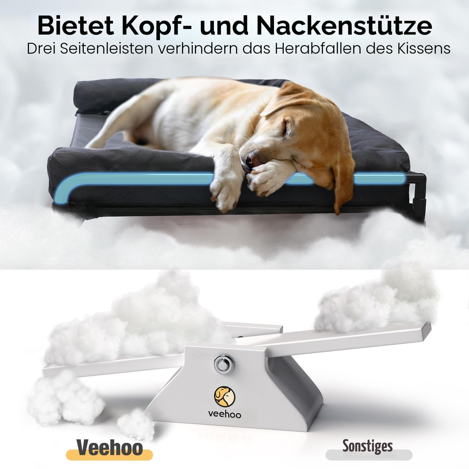 Veehoo Hundeliege Outdoor Sehr Grosse Hunde, Kühlendes Erhöhtes Hundebett mit abnehmbarem Bloster, Hundeliege Abwaschbar Hunde Reisebett, Schwarz 120 x 74 x 23cm