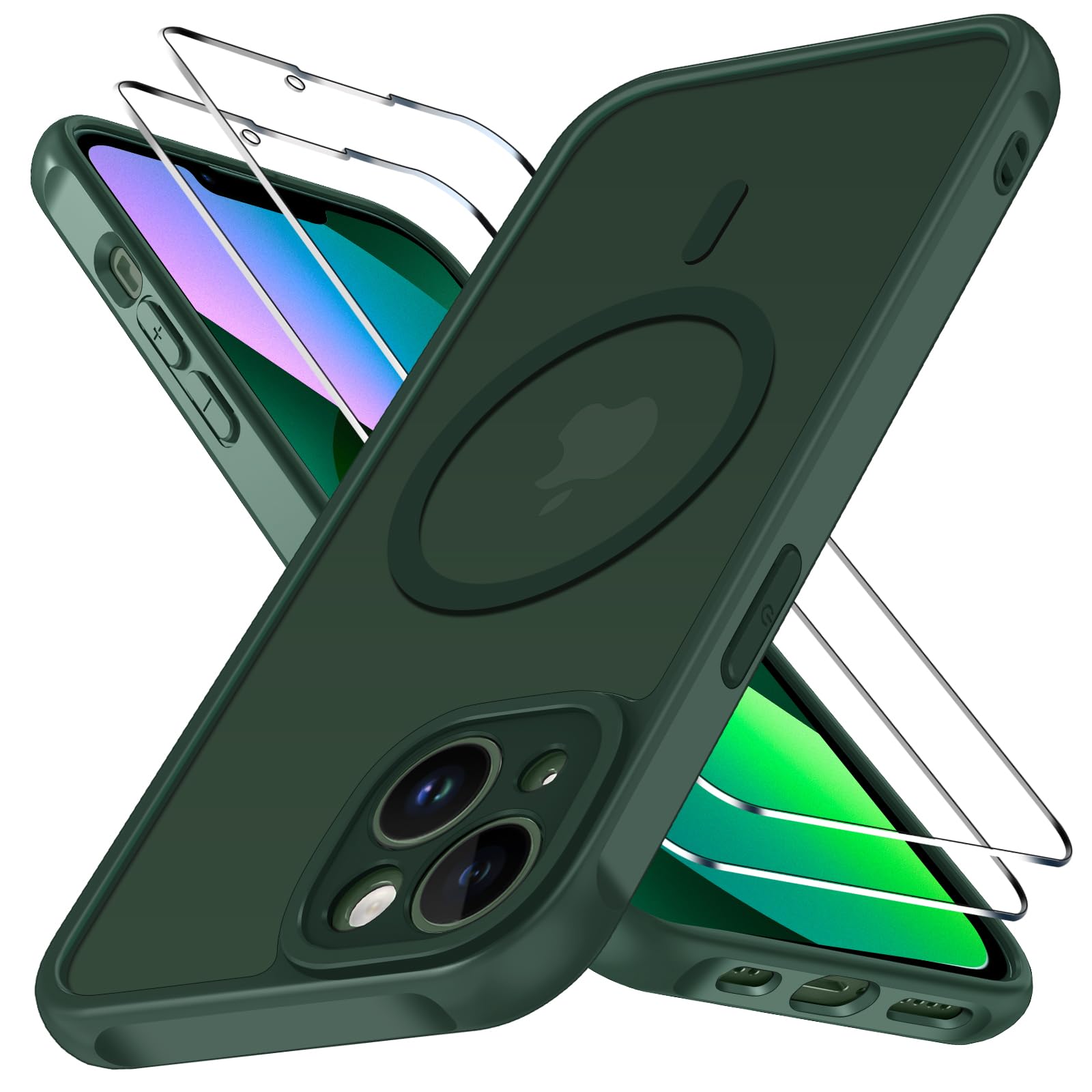 iVoler Cover Magnetica per iPhone 13 5G con 2 Pezzi Pellicola Vetro Temperato, [Compatibile con MagSafe] Custodia Traslucida Opaca Sottile Anti-Impronte MagSafe Case, Verde Profondo