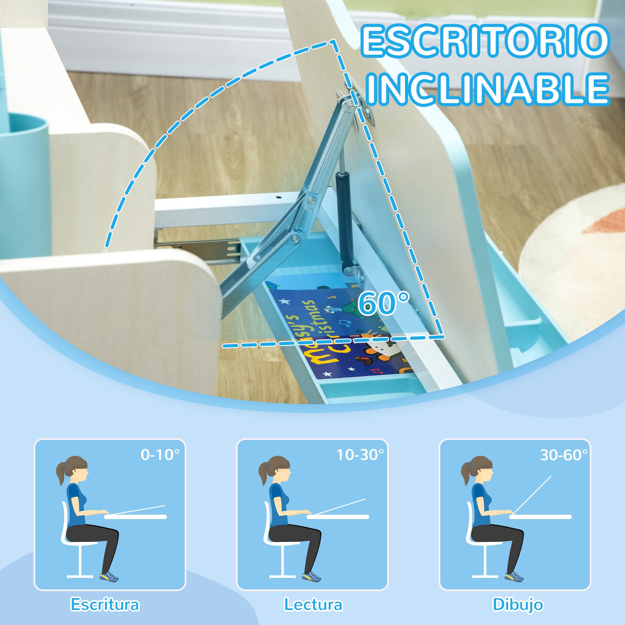 Homcom Bureau Enfant Réglable Hauteur Plateau Inclinable Tiroir Étagère Livres 80x52x88-109 cm Bleu