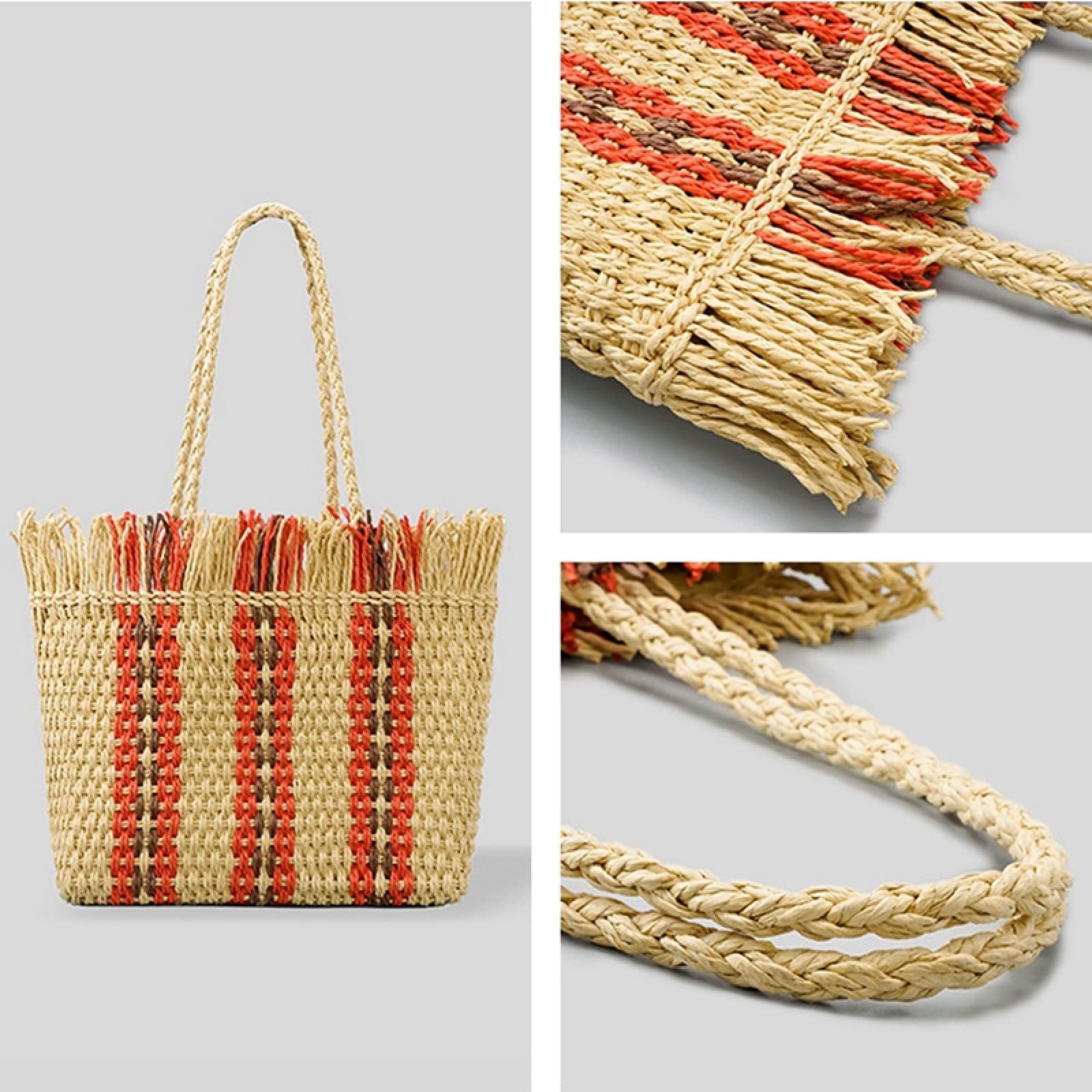 Bolso de Hombro de Playa de Gran Capacidad Tejido a Mano 2022 Bolso de Paja para Mujer Primavera/Verano Moda y Versátil (Color : Orange, Size : 27x35x12cm)