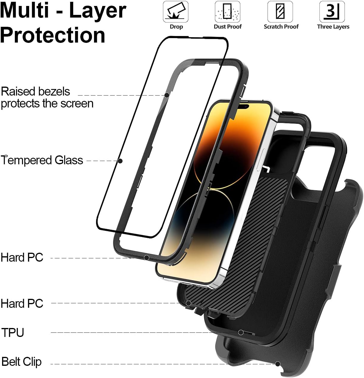 for iPhone 14 Pro Max Case 6.7" with 2 Screen Protector and Belt Clip Holster Kickstand, Heavy Duty Military Grade Full Body Protection Phone Cover (Belt Clip,Black) - Image 2