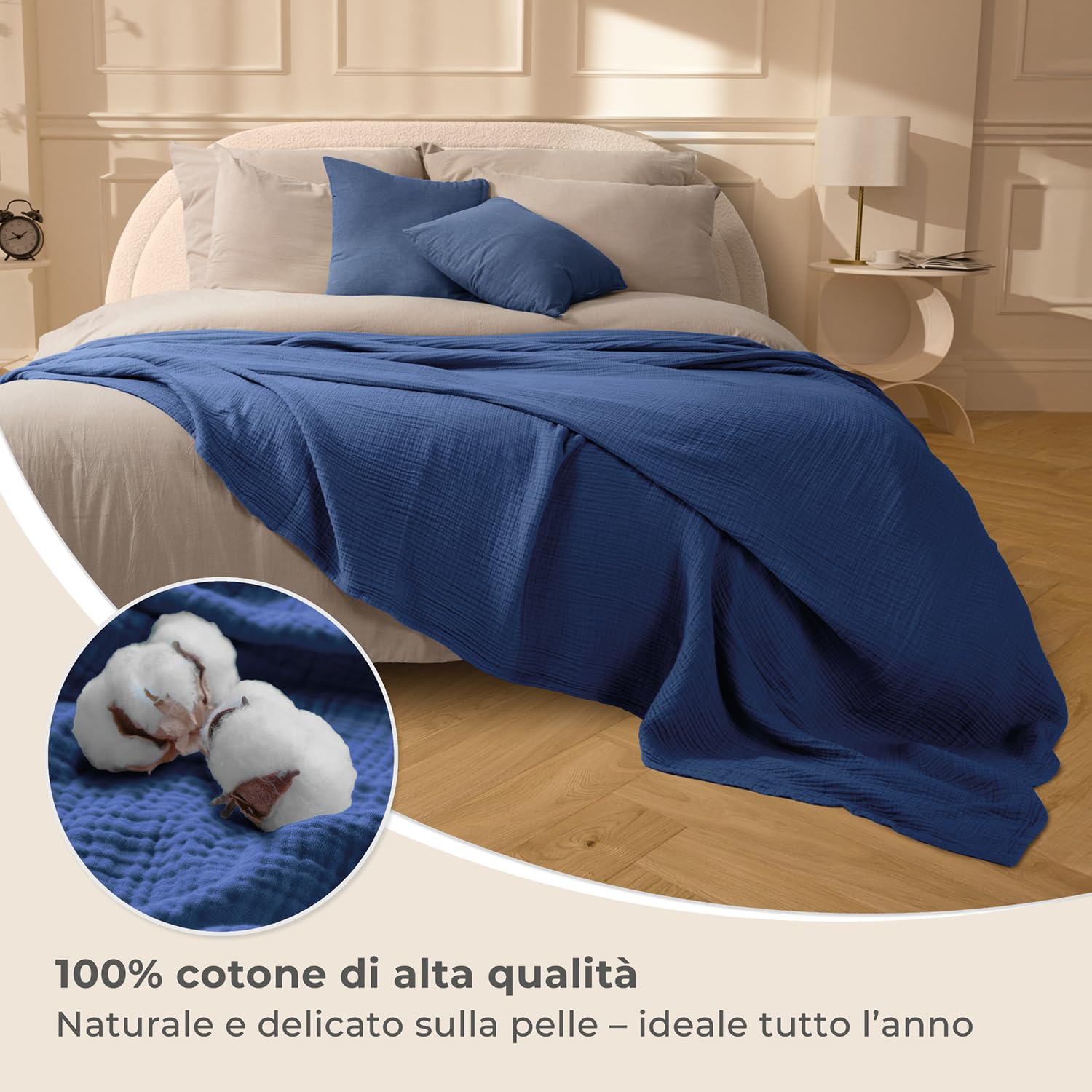 LAYNENBURG Copriletto in mussola Premium 180 x 220 cm - 100% cotone - coperta in cotone extra morbida come coperta accogliente, copriletto, copridivano, copridivano (blu)