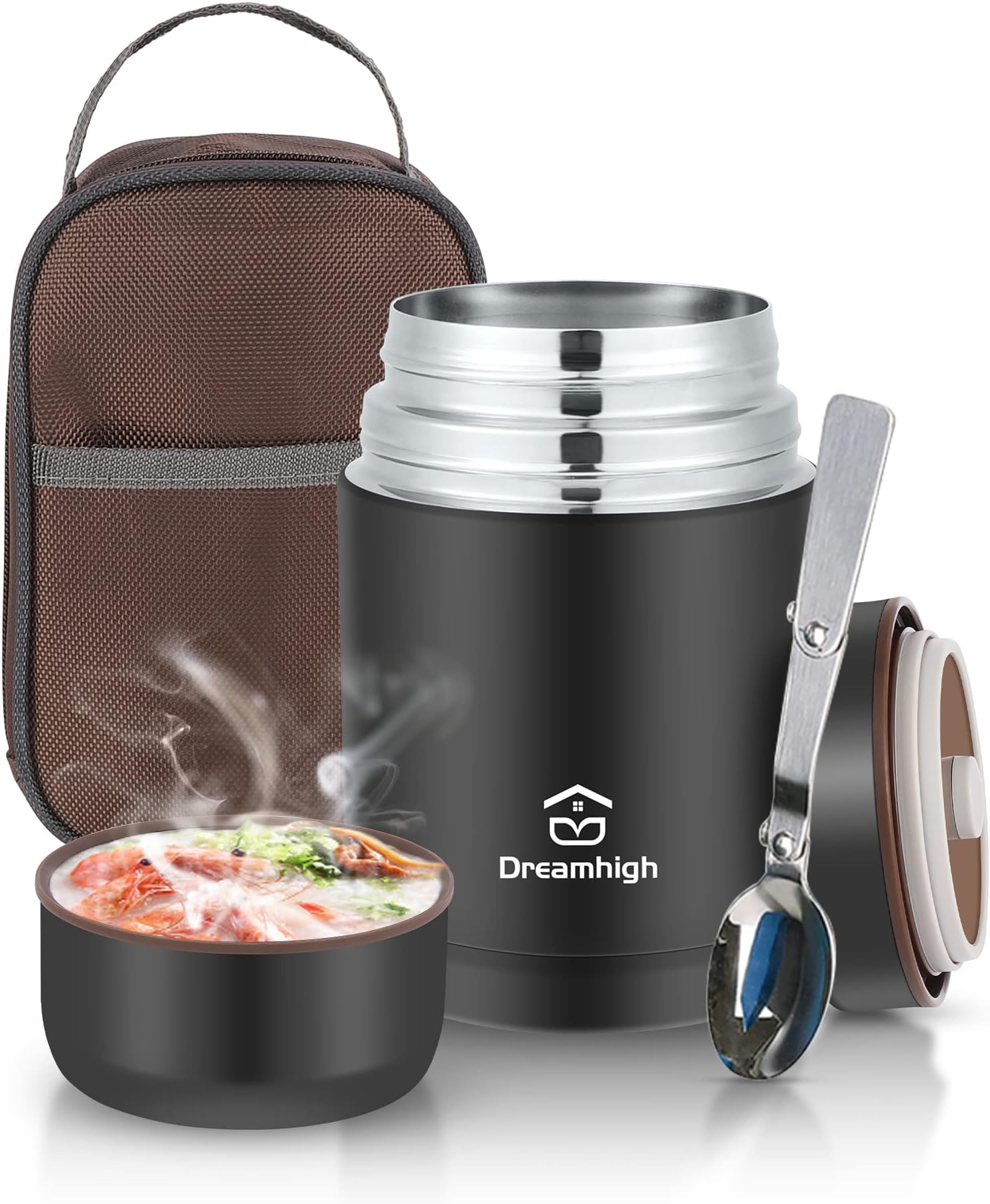 Dreamhigh® Thermal Food Flask, 800ml, Soup Flask with Spoon, Stainless Steel Vacuum Insulated Food Container, Leak-Proof, with Carrying Bag, Keep Hot/Cold for 12 Hours (Black)