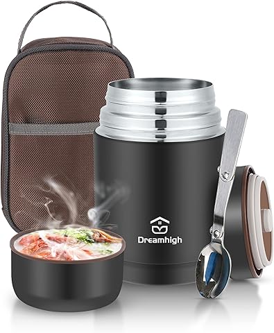 Dreamhigh® Termo para Comida 800 ml, Recipiente Térmico para Comida, Frasco Acero Inoxidable Contenedor Térmico con Bolsa Aislada e Cuchara Plegable, para Adultos Niños-Sin BPA (Negro)