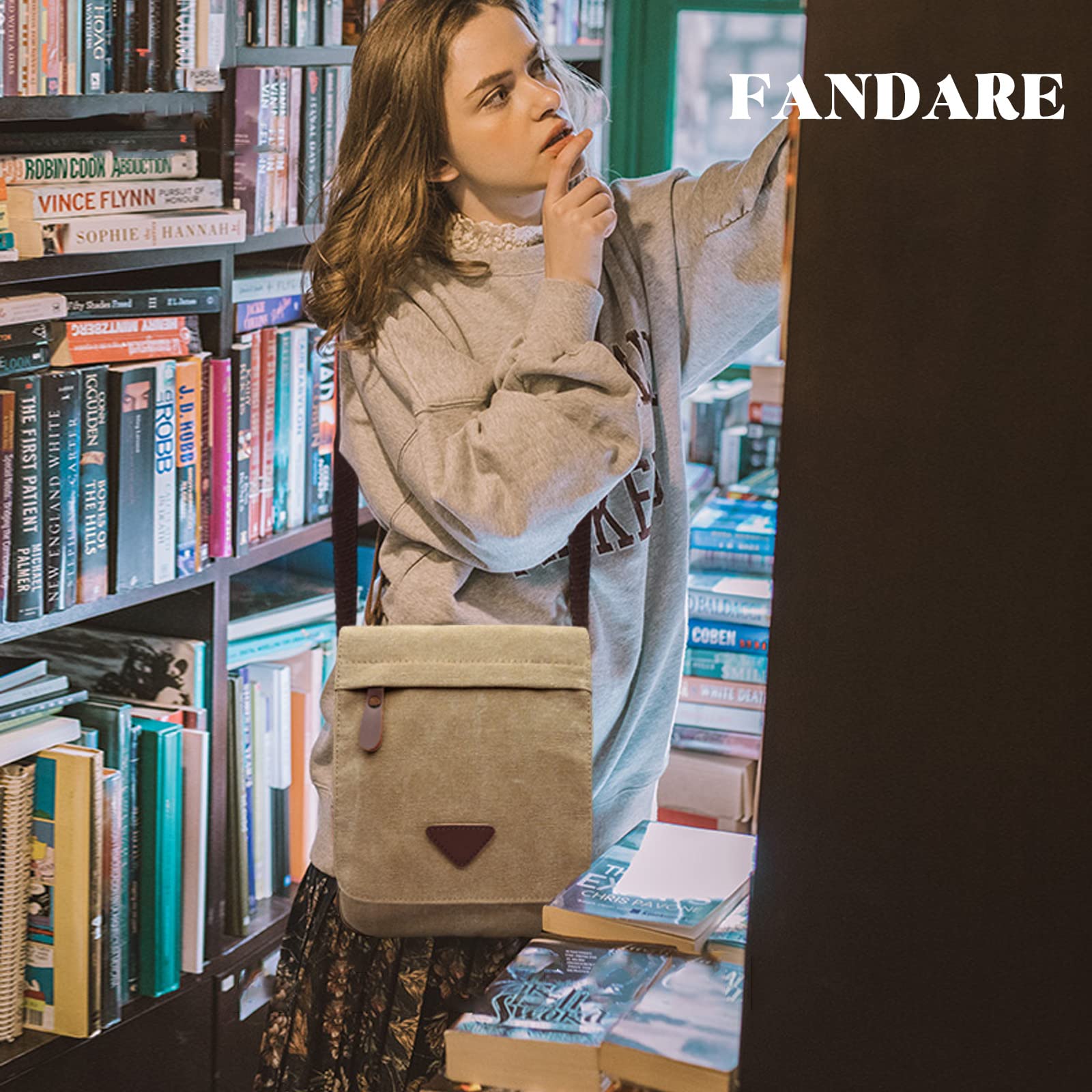FANDARE Retro Bandoleras Hombre Bolso Bandolera Lona Bandoleras Mujer Bolsa de Honda Bolsos para Estudiante Viaje Trabajo Universidad Business Bolso Movil Caqui