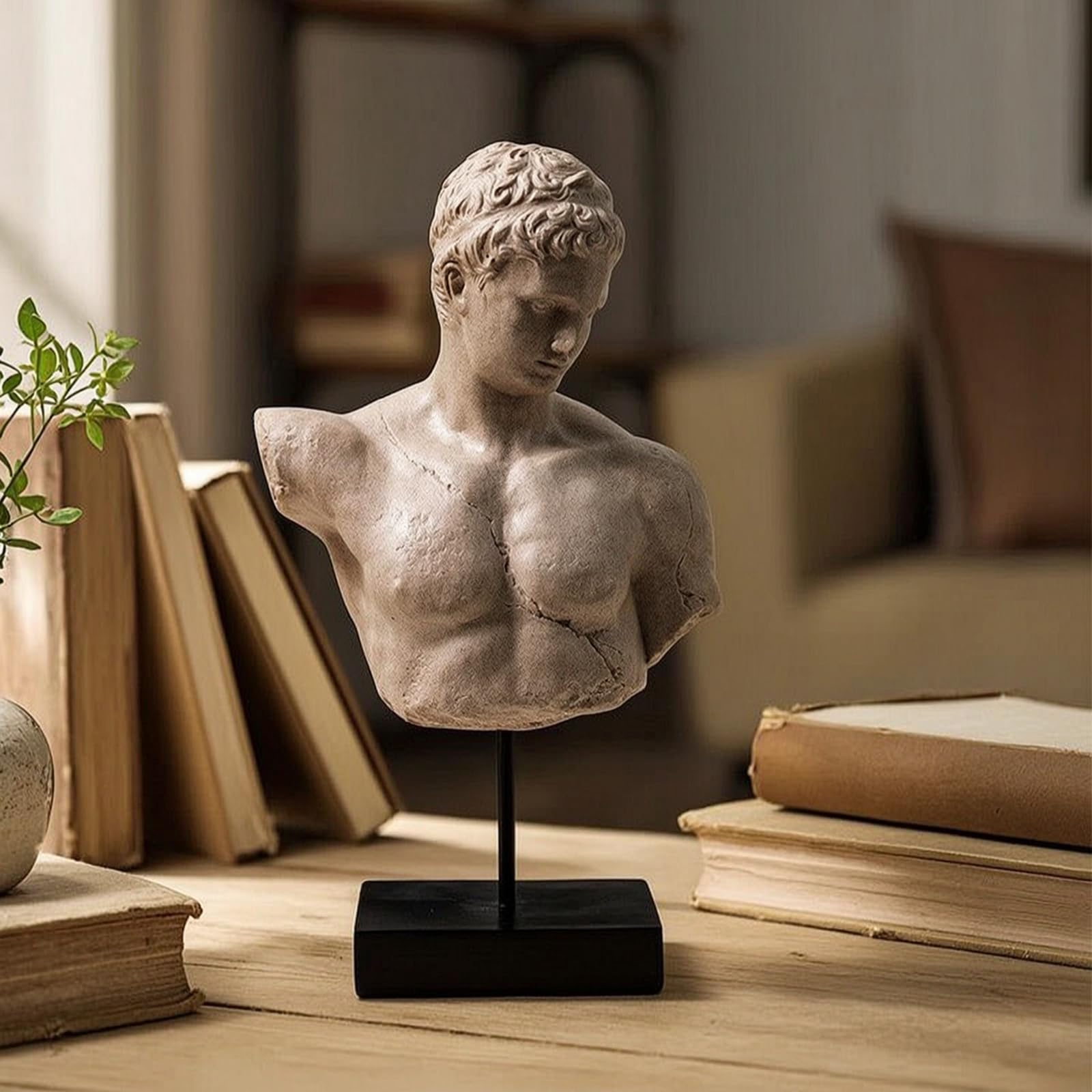 LOVIVER Escultura de Resina Busto Clásico Estatua Figura Decoración Arte Clásico con Textura Craquelada y Base Estable en Madera y Metal Adecuada para Salón
