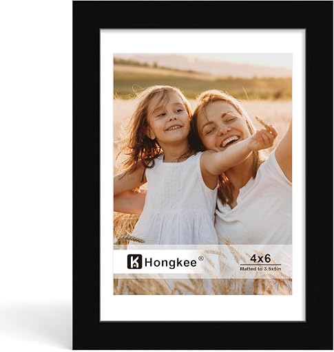 Hongkee 4x6 Picture Frame, Made of Solid Wood with Real Glass, Display Pictures 3.5x5 with Mat or 4 x 6 without Mat - Wall and Tabletop (Black, 1 Pack)