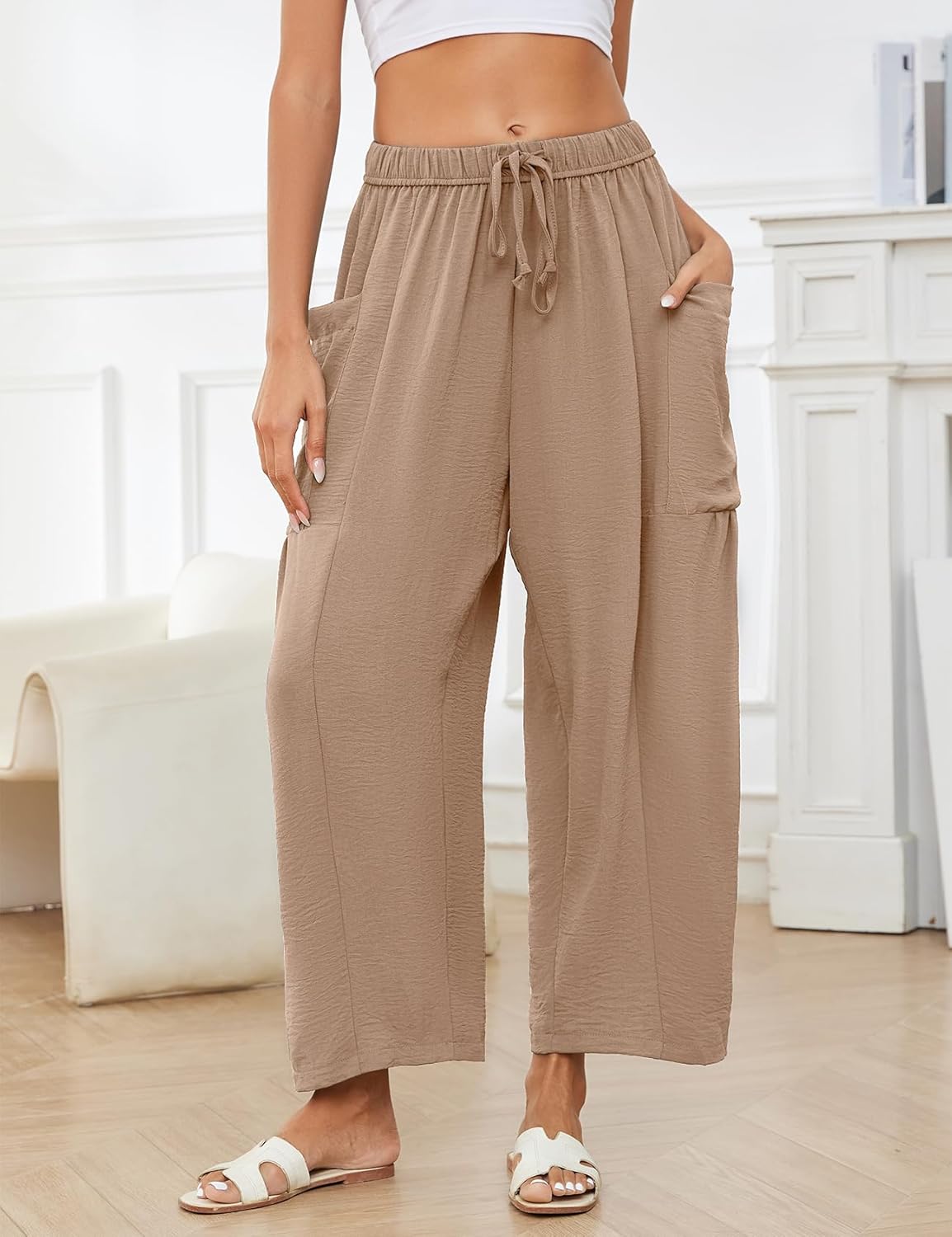 Flygo Women's Wide Leg Pants Summer Casual Loose Fit Beach Palazzo Harem Pants with Pockets - Image 2