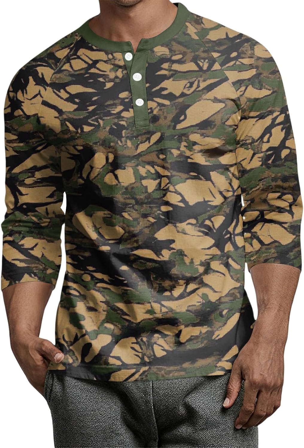 WENKOMG1 Men's Camo Shirt 3/4 Sleeve Crew Neck Baseball T Shirts Moisture Wicking Athletic Tops, S-3XL