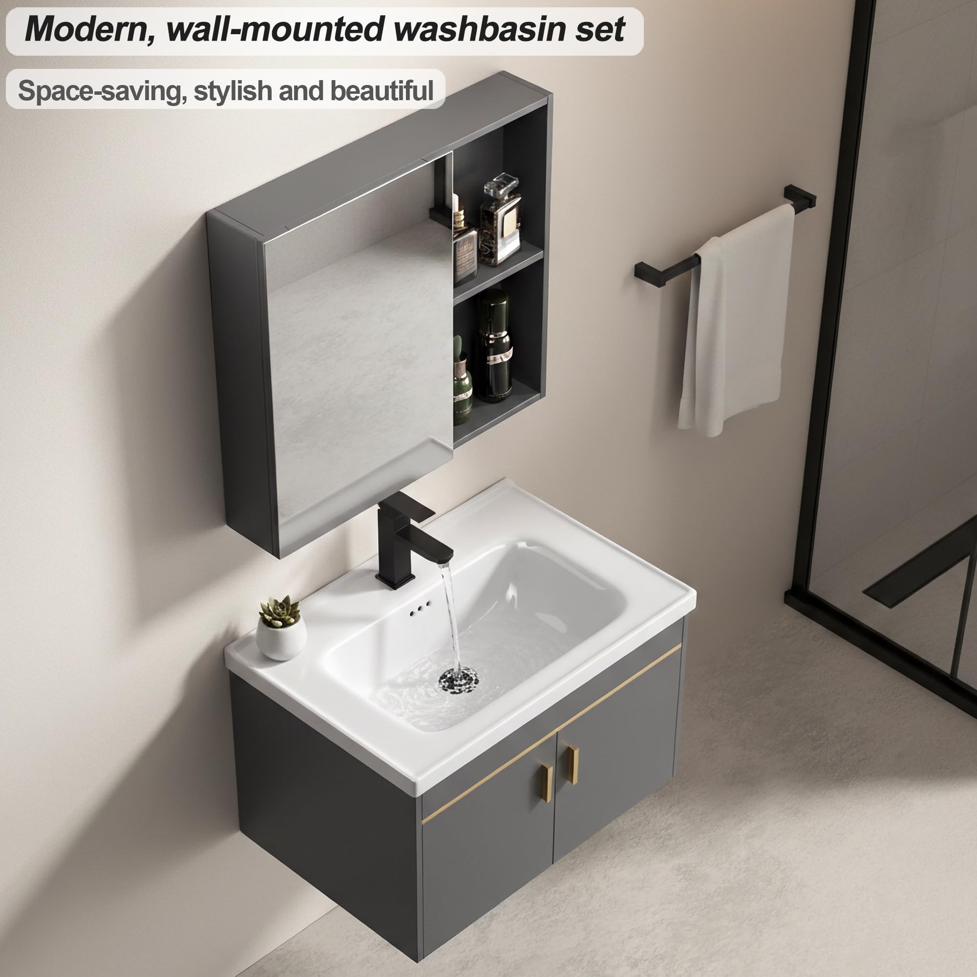 Set di mobili da bagno 60cm con lavabo e armadietto a specchio, mobiletto sottolavabo a parete in legno di pino, lavabo in ceramica con rubinetto e scarico, set di mobili da bagno per bagno (grigio