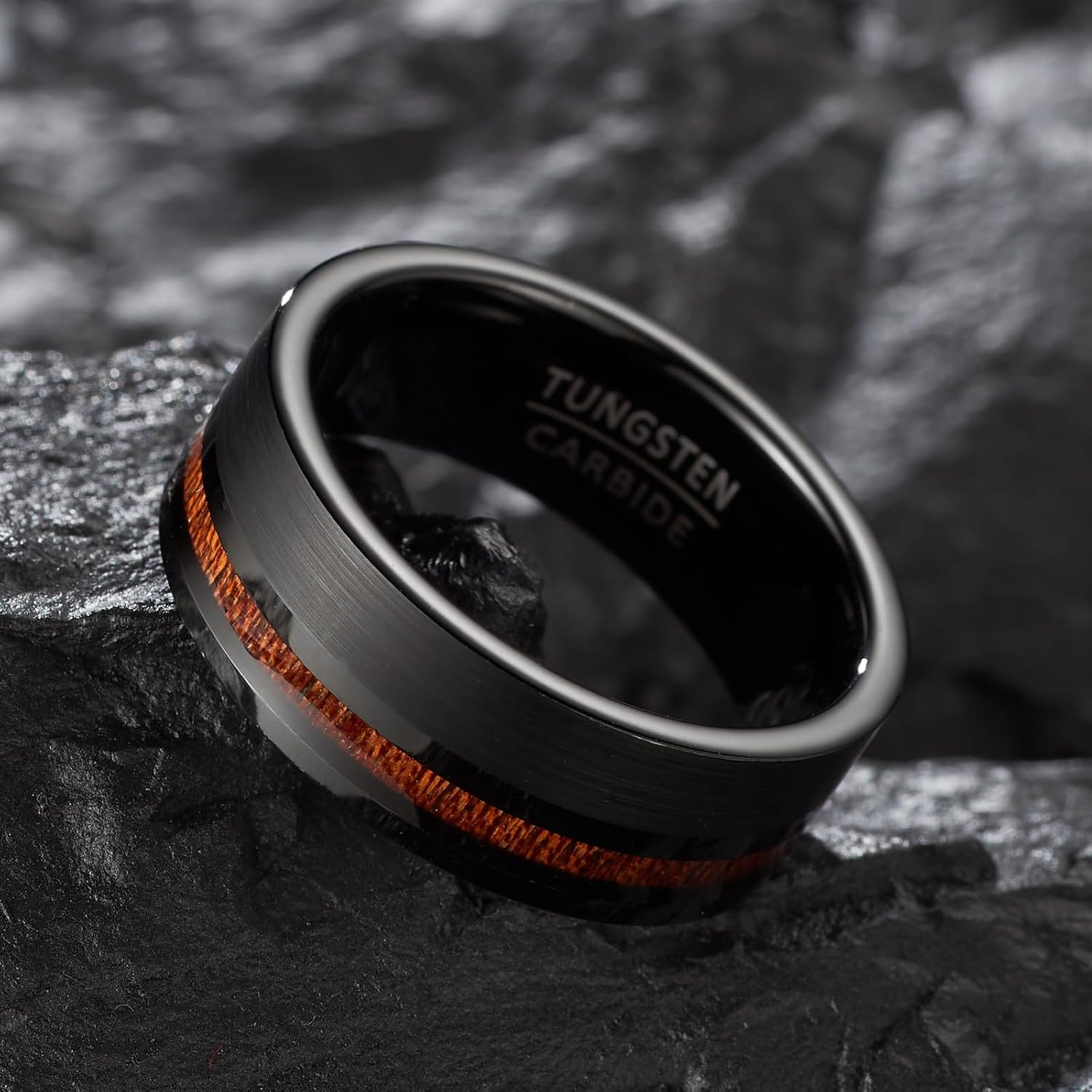 8mm Wide Men's Tungsten Wedding Band, Dual-Section Design with Wood Grain Channel & Brushed Finish - Image 4