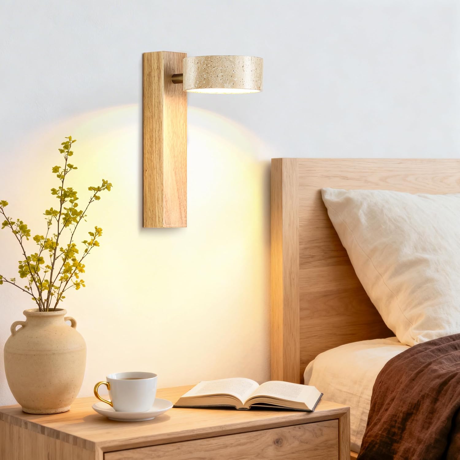 Farmhouse Wood Vanity Light, LED Mirror Light with Travertine Stone Shades, 300° Rotatable Modern Rustic Vanity Lights Fixture Wall Lamp for Bathroom Bedroom Living Room Hallway