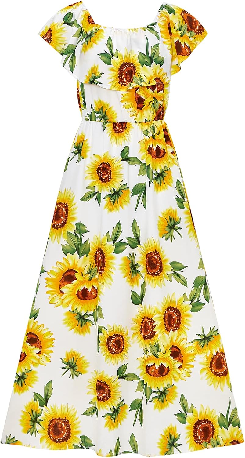 PopReal Mommy and Me Dresses Floral Printed Chiffon Bowknot Ruffles Short Sleeve Beach Mom Daughter Matching Outfits - Image 5