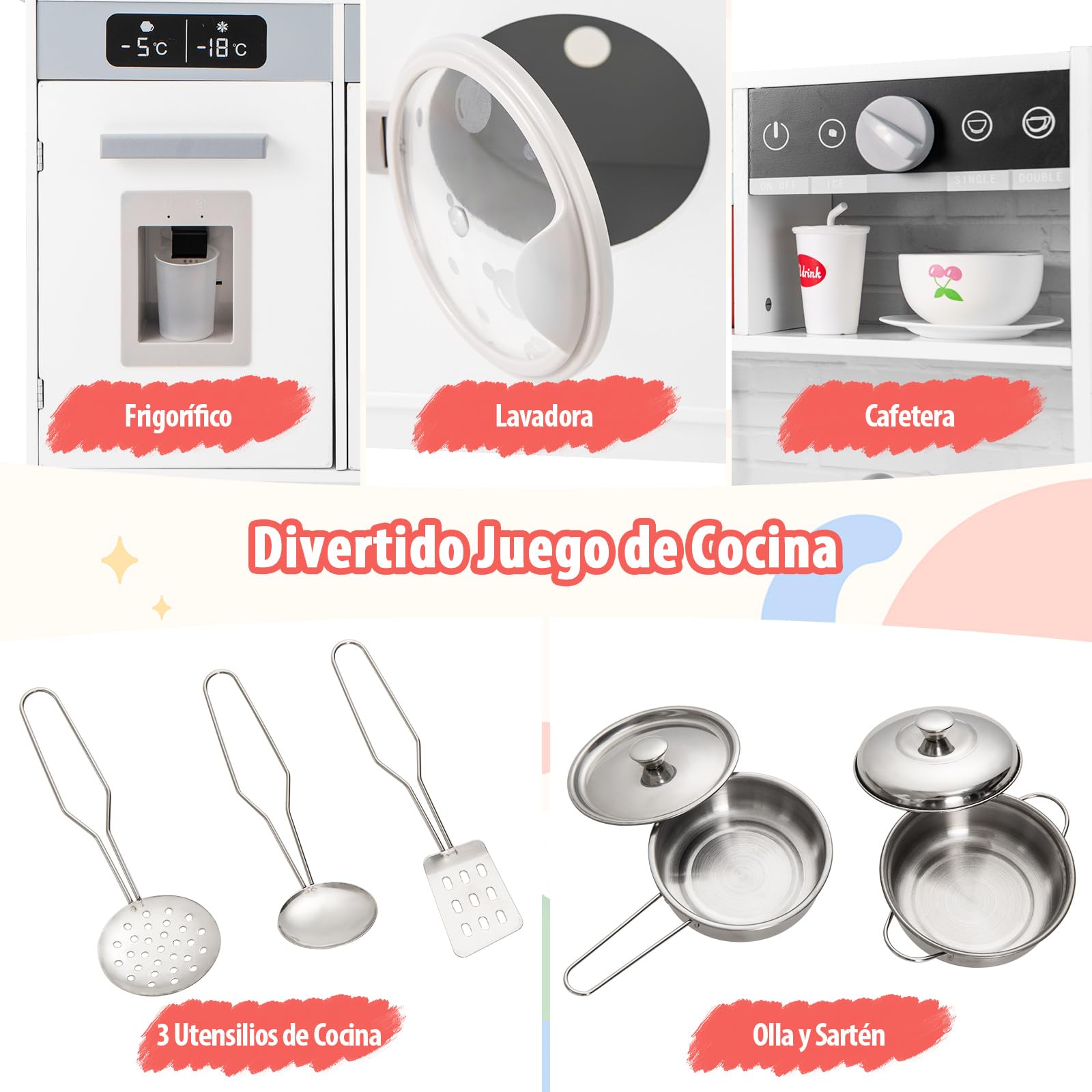COSTWAY Cocina Madera Infantil, Cocinita Infantil con Luz y Sonido, Fregadero, Grifo, Dispensador de Agua, Microondas, Horno, Utensilios, Lavadora, Cocina Juguete para Niños de 3+Años
