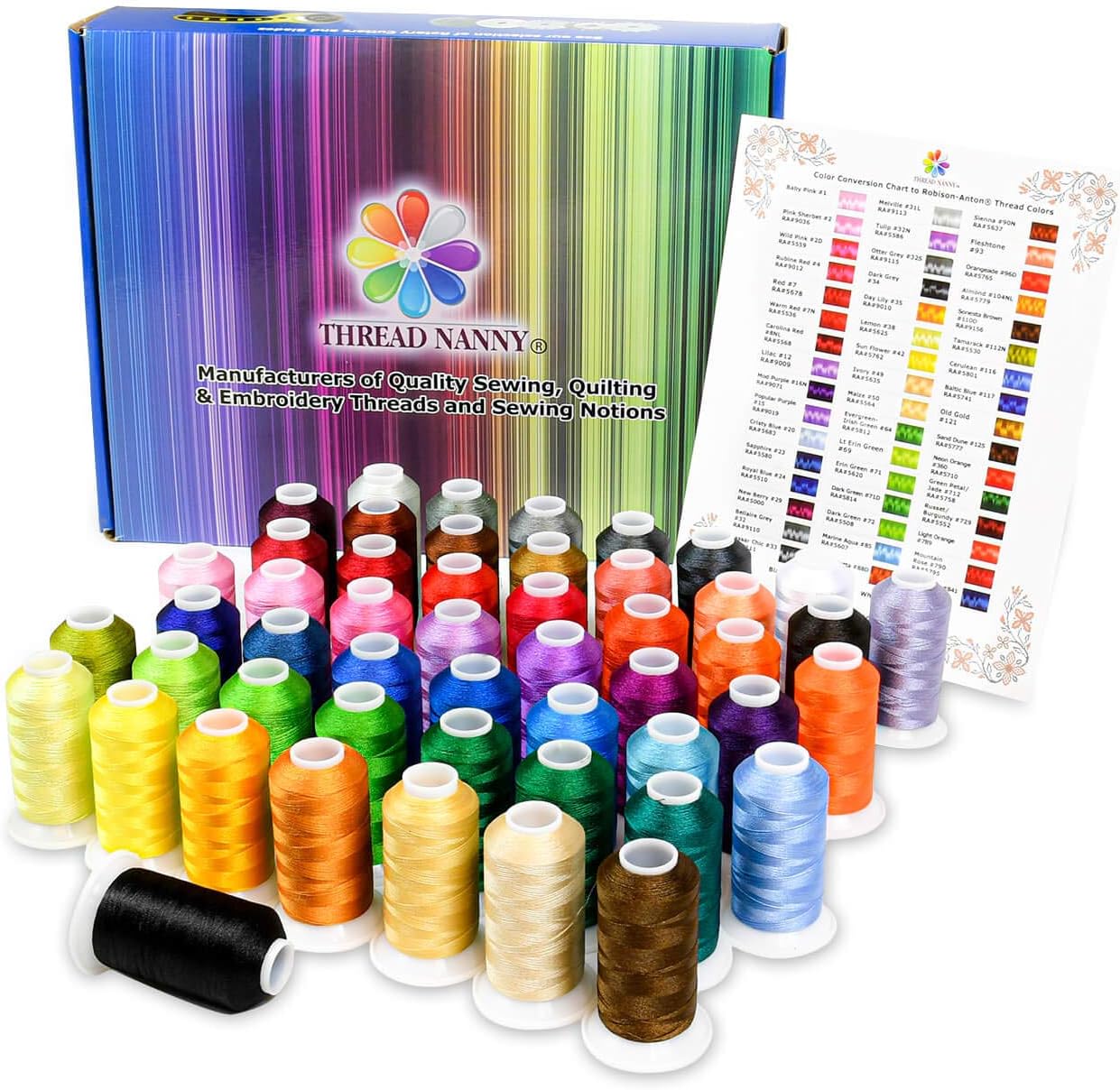 ThreadNanny Premium 50 Colors 1100yards Polyester Machine Embroidery Thread Kit for Pro and Beginners - Compatible with All Brother Babylock Singer Janome Embroidery and Sewing Machines