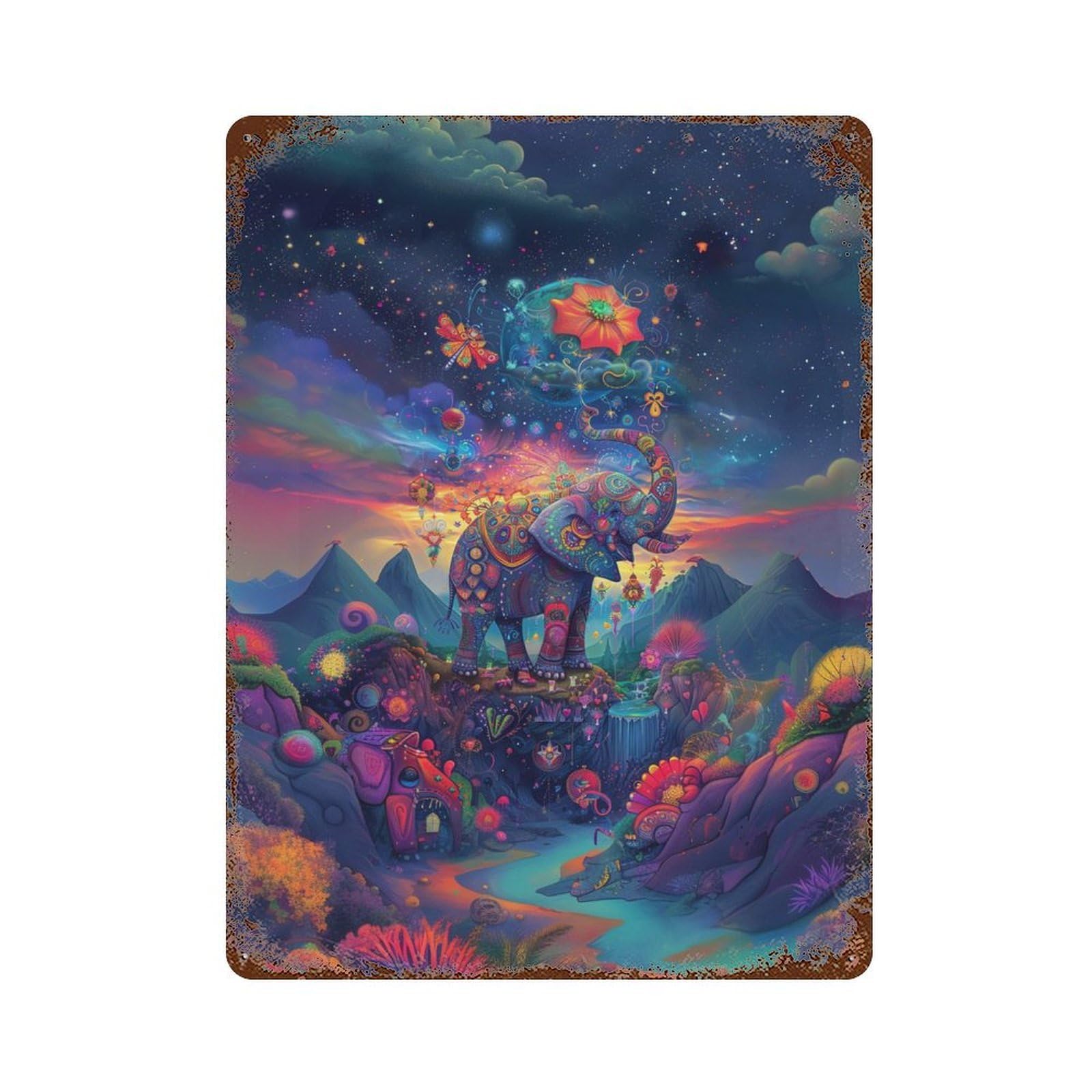 Fantasy Elephant Landscape Vintage Metal Tin Sign 15.7"x11.8", Farmhouse Wall Decor for Garage, Bar And Workshop Decor